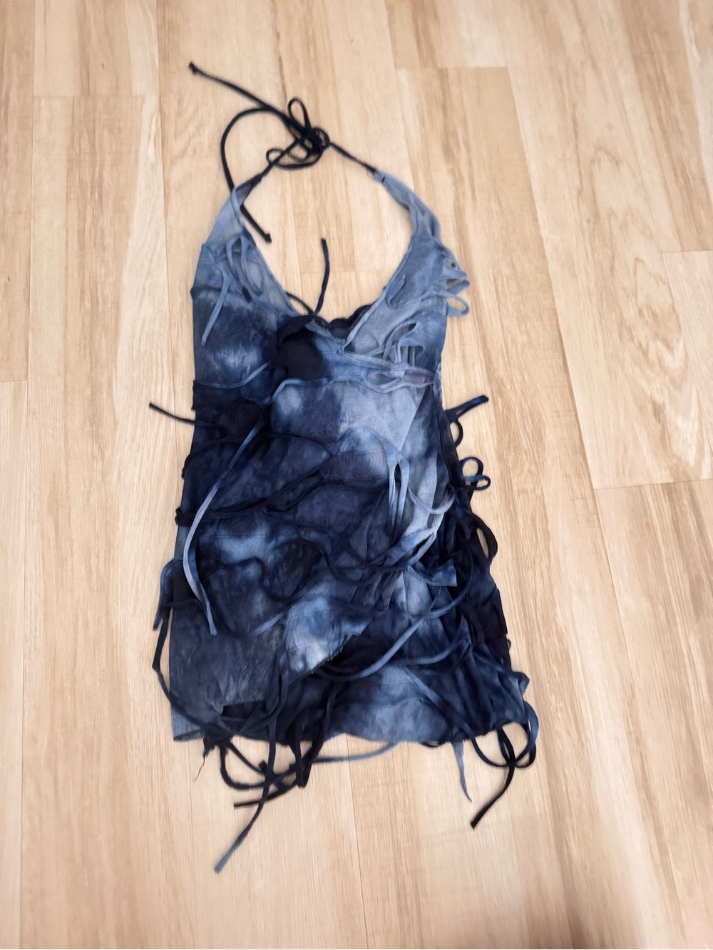 Blue Tie-Dye Fringe Halter Mini Dress